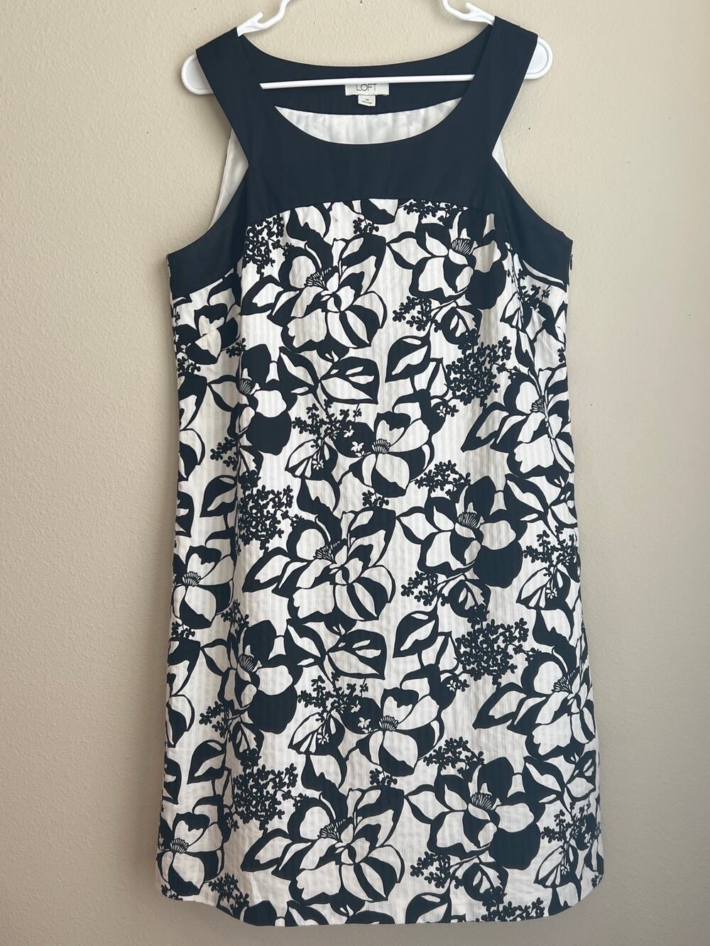 Loft Black White Floral Colorblock Cotton Shift Dress 14 Summer Wedding Classic